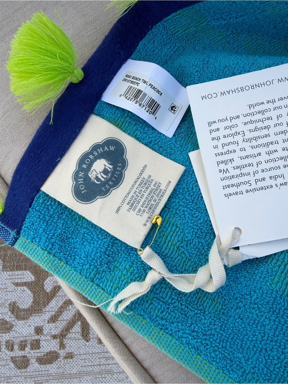 NWT John Robshaw Twl Peacock Turkish Cotton SET OF TWO Beach Towels Tassel Hem - Picture 8 of 8